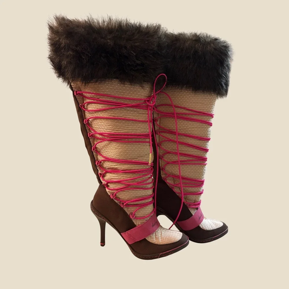 Y2K Rare Baby Phat Grail Faux Fur Stiletto Boots Pink Lace Up Knee High Vintage